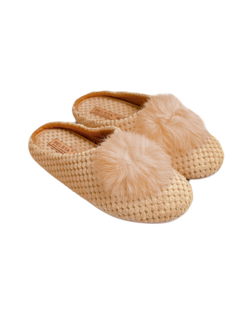 Papuci de casă din textil bej cu blană naturală
