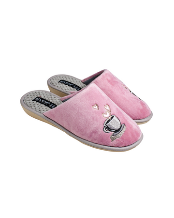 Papuci de casă gri și branț roz