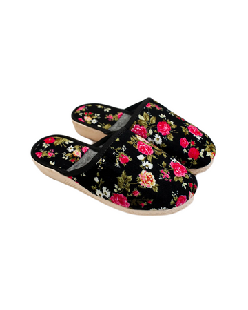 Papuci de casă din velur negru cu imprimeu floral