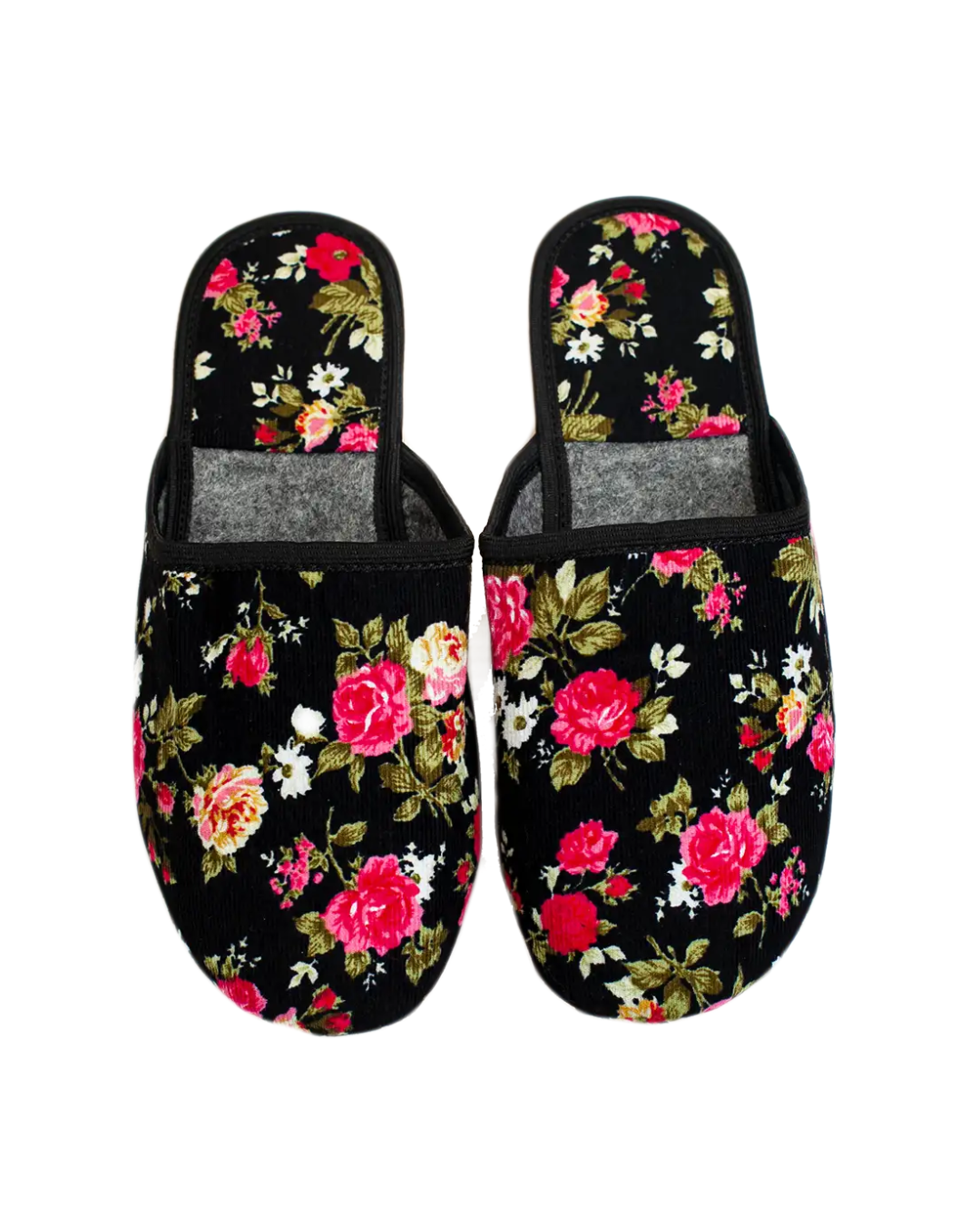 Papuci de casă din velur negru cu imprimeu floral