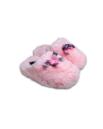 BELSTA pink faux fur slippers with closed toe and pink and gray satin bows