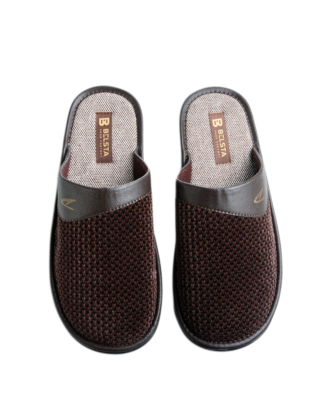 Papuci bărbătești BELSTA, închiși, din velur maro, cu inserție din eco-piele și logo-ul fabricii