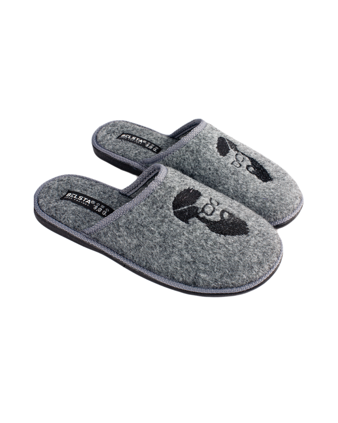 Papuci adolescenți BELSTA, închiși, din fetru italian albastru; gri închis, decorați cu broderie (bărbat cu barbă)
