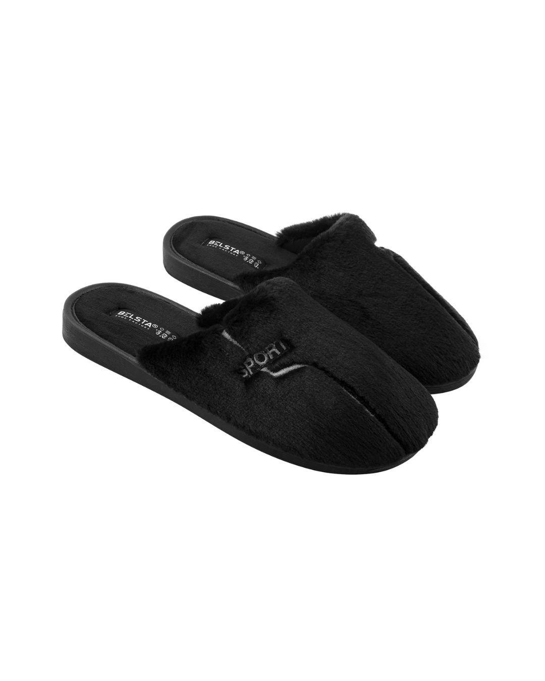 Papuci de bărbați BELSTA, închiși, din blană eco gri, neagră, decorați cu broderie SPORT