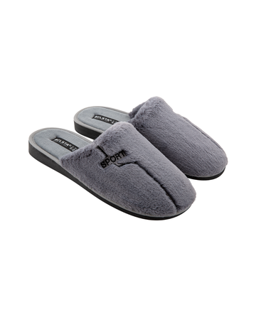 Papuci de bărbați BELSTA, închiși, din blană eco gri, neagră, decorați cu broderie SPORT