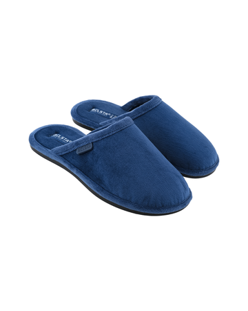 Papuci de damă BELSTA, închiși, din velur albastru; bordo închis, decorați cu denumirea fabricii