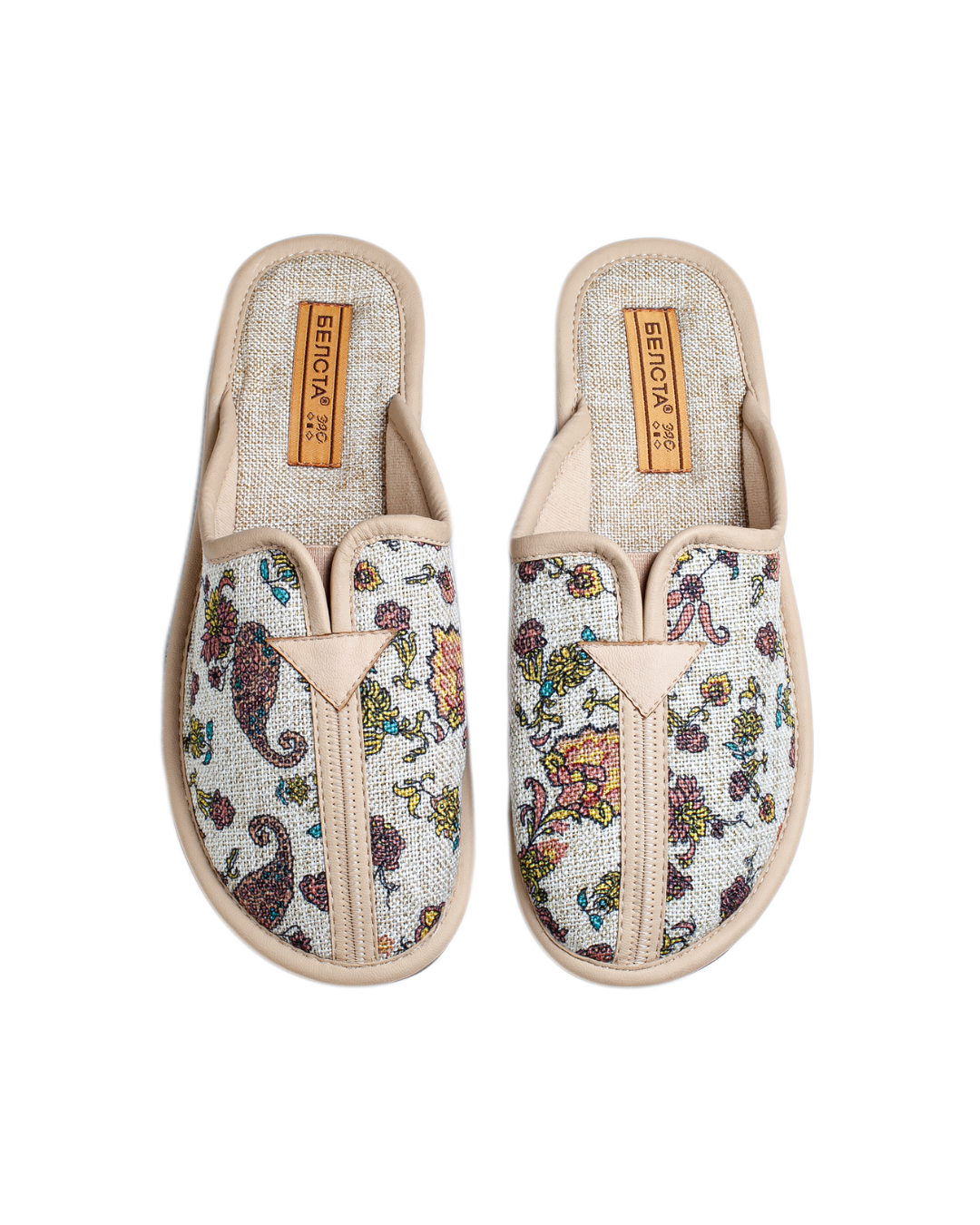 Papuci de damă BELSTA, închiși, din material textil cu imprimeu, decorați cu inserție din piele ecologică