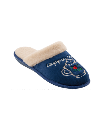 Papuci de casă închiși pentru femei BELSTA din velur albastru; bordo închis, decorați cu broderie cappuccino și guler din eco-blană crem
