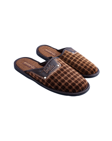 Papuci bărbătești BELSTA, închiși, din velur maro, cu inserție din eco-piele și denumirea fabricii