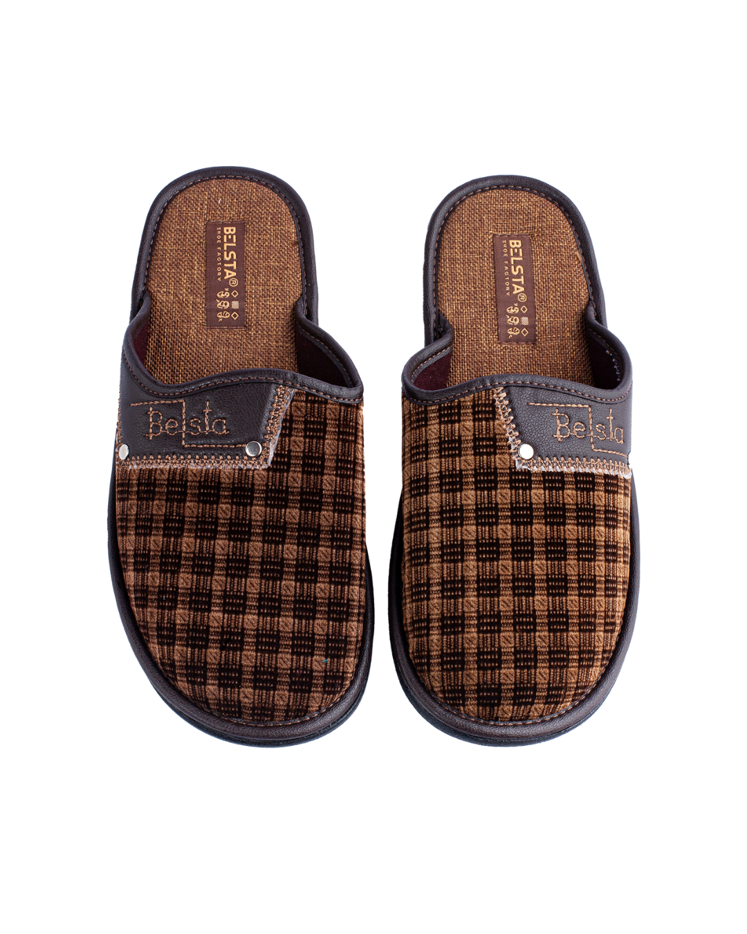 Papuci bărbătești BELSTA, închiși, din velur maro, cu inserție din eco-piele și denumirea fabricii