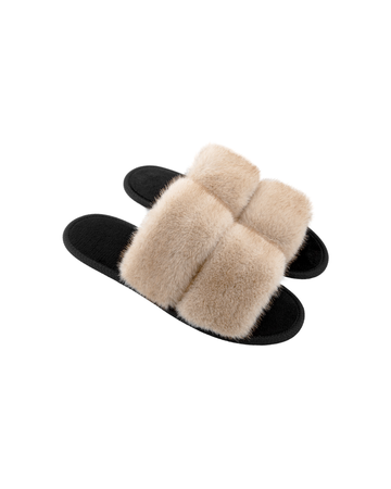 Papuci de damă BELSTA, deschiși, din blană eco bej. maro