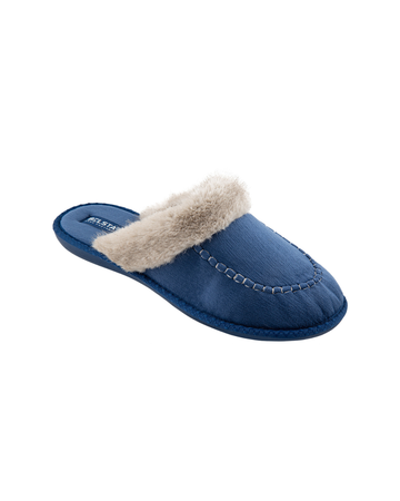 Papuci de damă BELSTA, închiși, din velur albastru; roz; gri; maro închis, decorați cu un rever din blană lăptoasă