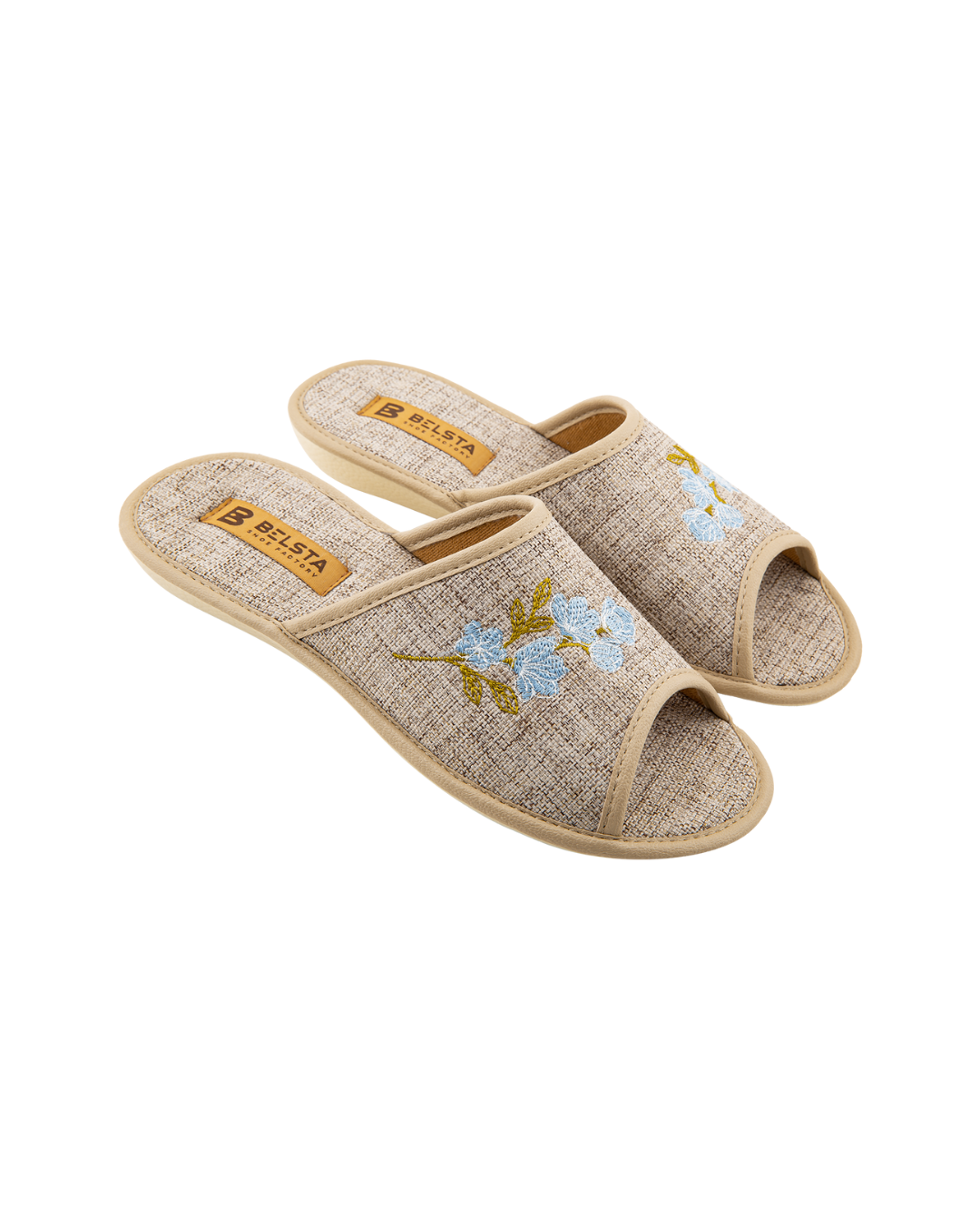 Papuci de damă BELSTA, deschiși, din material textil maro; bej. decorați cu broderie