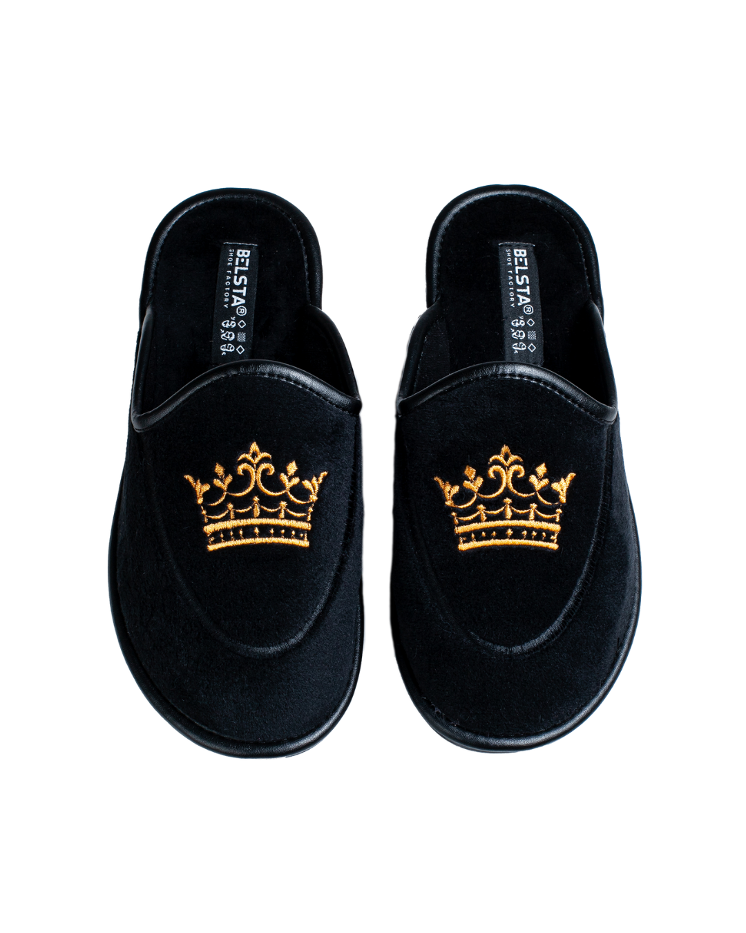 Papuci de damă BELSTA, închiși, din velur negru, decorați cu broderie în formă de coroană
