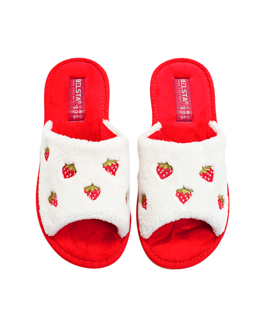 Papuci de damă BELSTA, deschiși, din frotir alb, decorați cu broderie de căpșuni