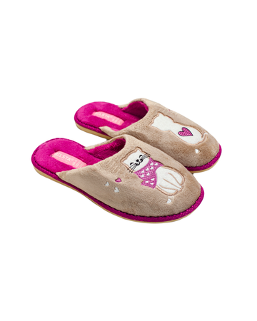 Papuci de damă BELSTA din catifea crem cu Motănel îndrăgostit în fular mov