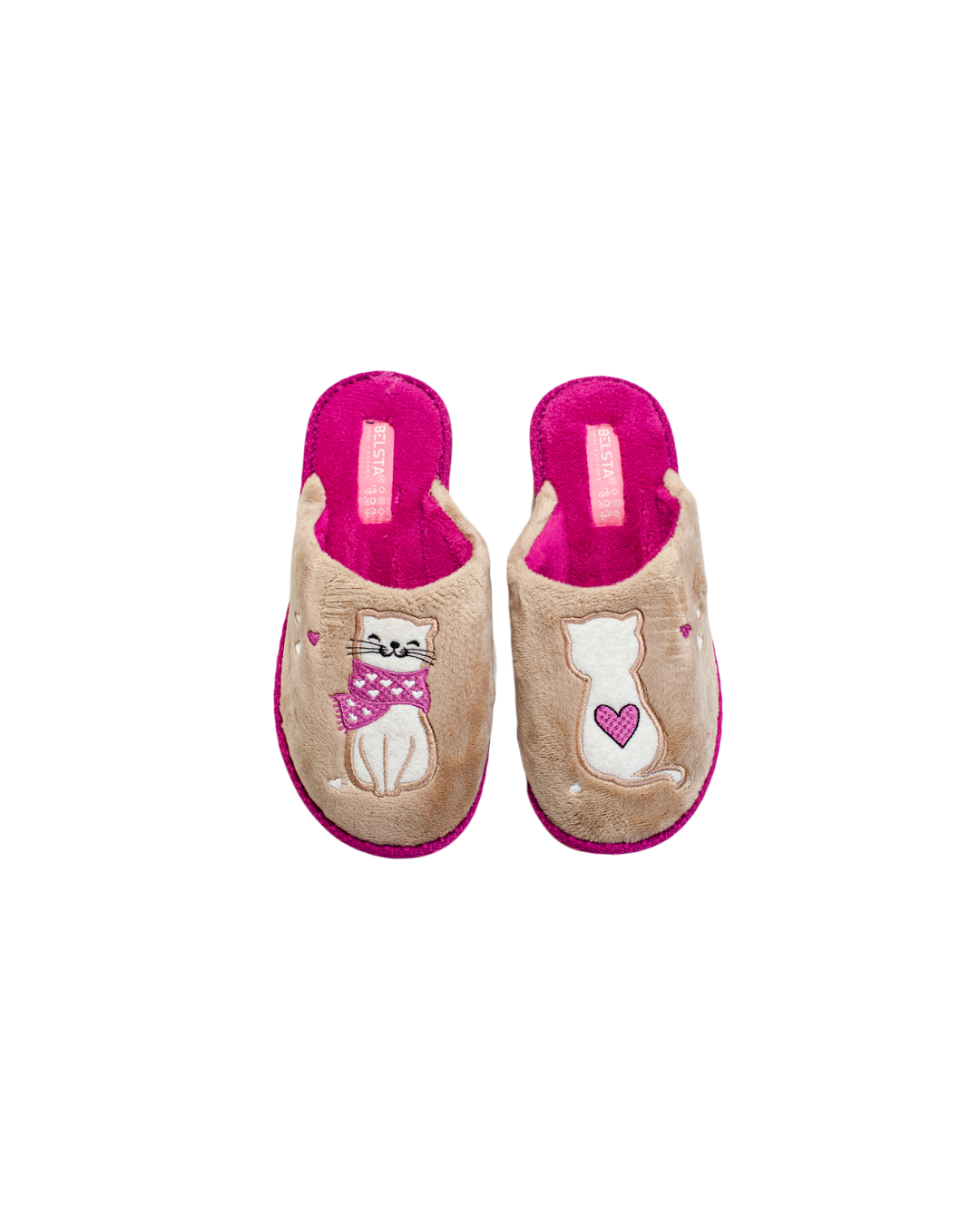 Papuci de damă BELSTA din catifea crem cu Motănel îndrăgostit în fular mov