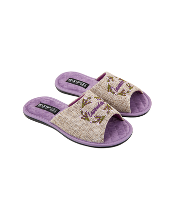 Papuci de damă deschiși BELSTA din material textil bej cu broderie Lavandă