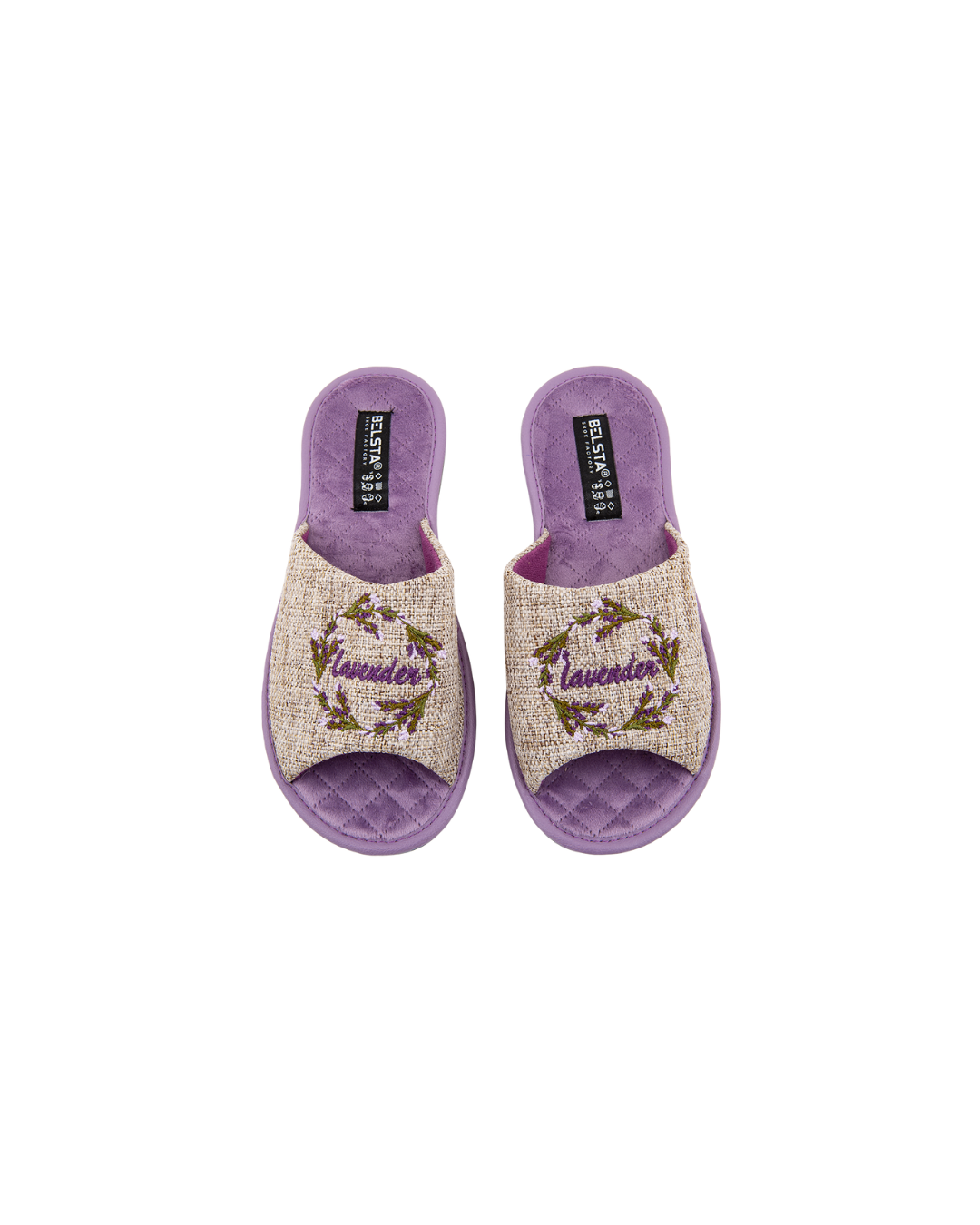 Papuci de damă deschiși BELSTA din material textil bej cu broderie Lavandă