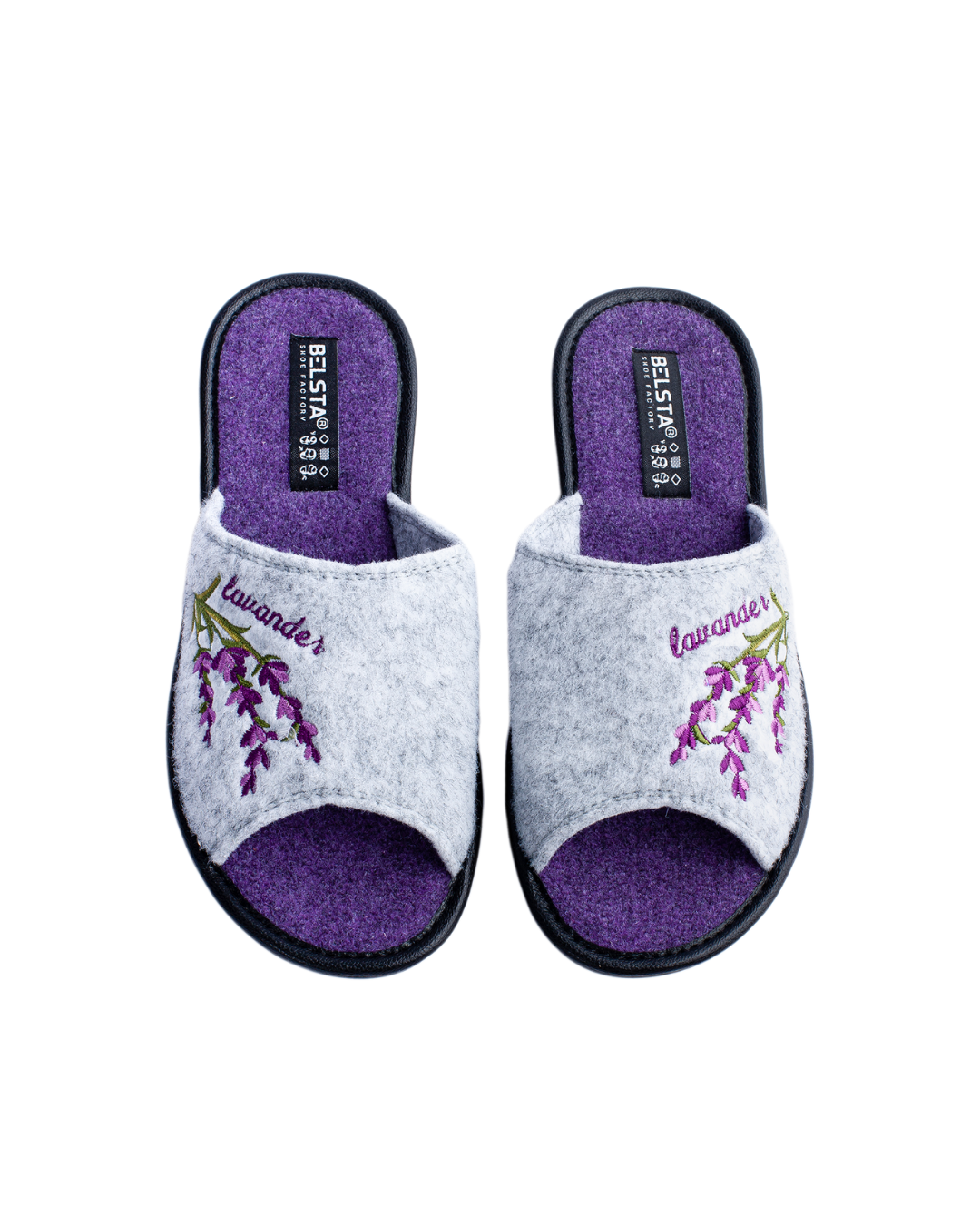 Papuci de damă BELSTA, deschiși, din pâslă italiană gri, decorați cu broderie cu ramură de lavandă