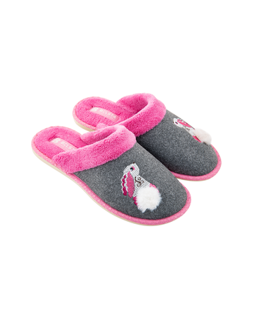 Papuci de damă BELSTA din velur gri cu manșetă roz din frotir și broderie Iepuraș