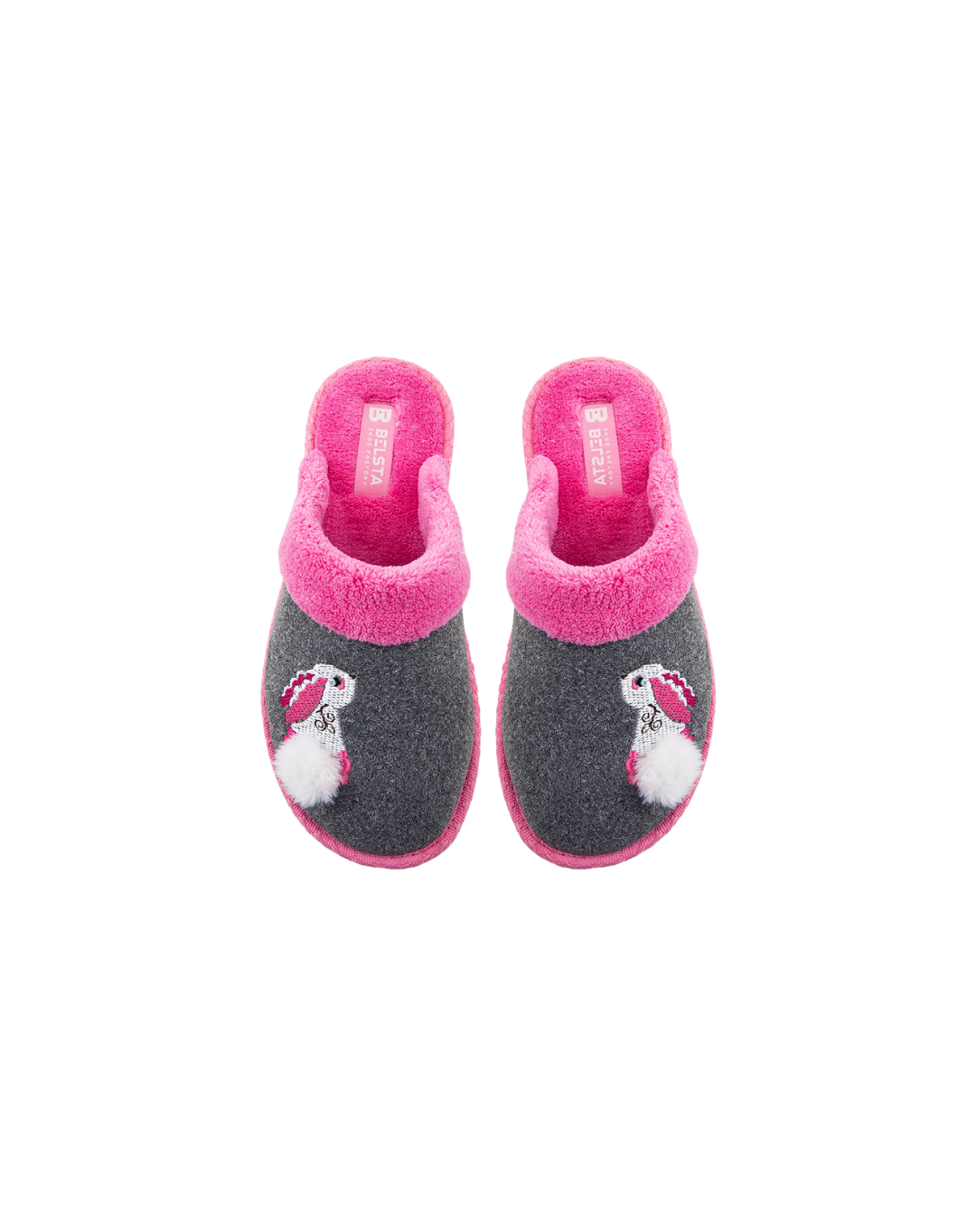 Papuci de damă BELSTA din velur gri cu manșetă roz din frotir și broderie Iepuraș