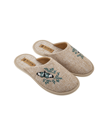 Papuci închiși din textil bej cu broderie fluture