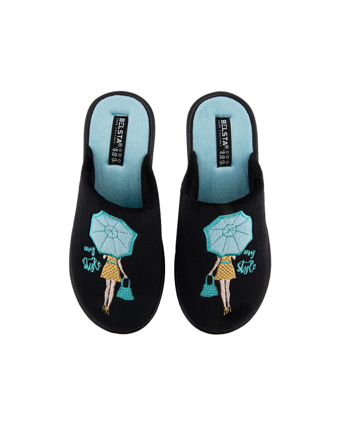 Papuci de damă BELSTA, închiși, din velur negru, decorați cu broderie elegantă „Fată cu umbrelă”