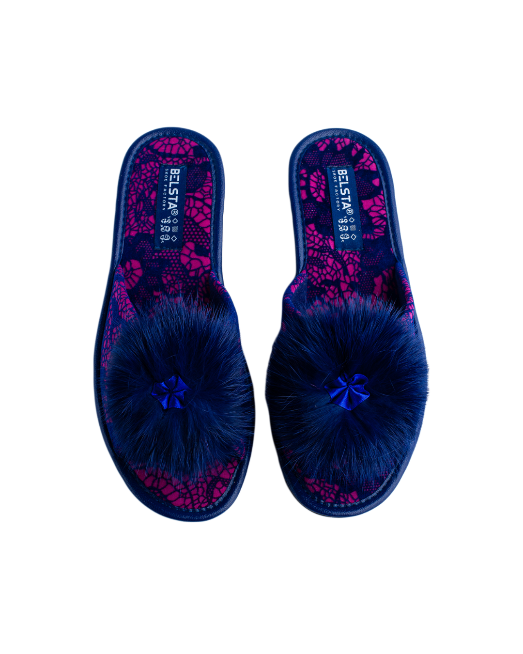 Papuci de damă roz cu imprimeu albastru și blăniță decorativă