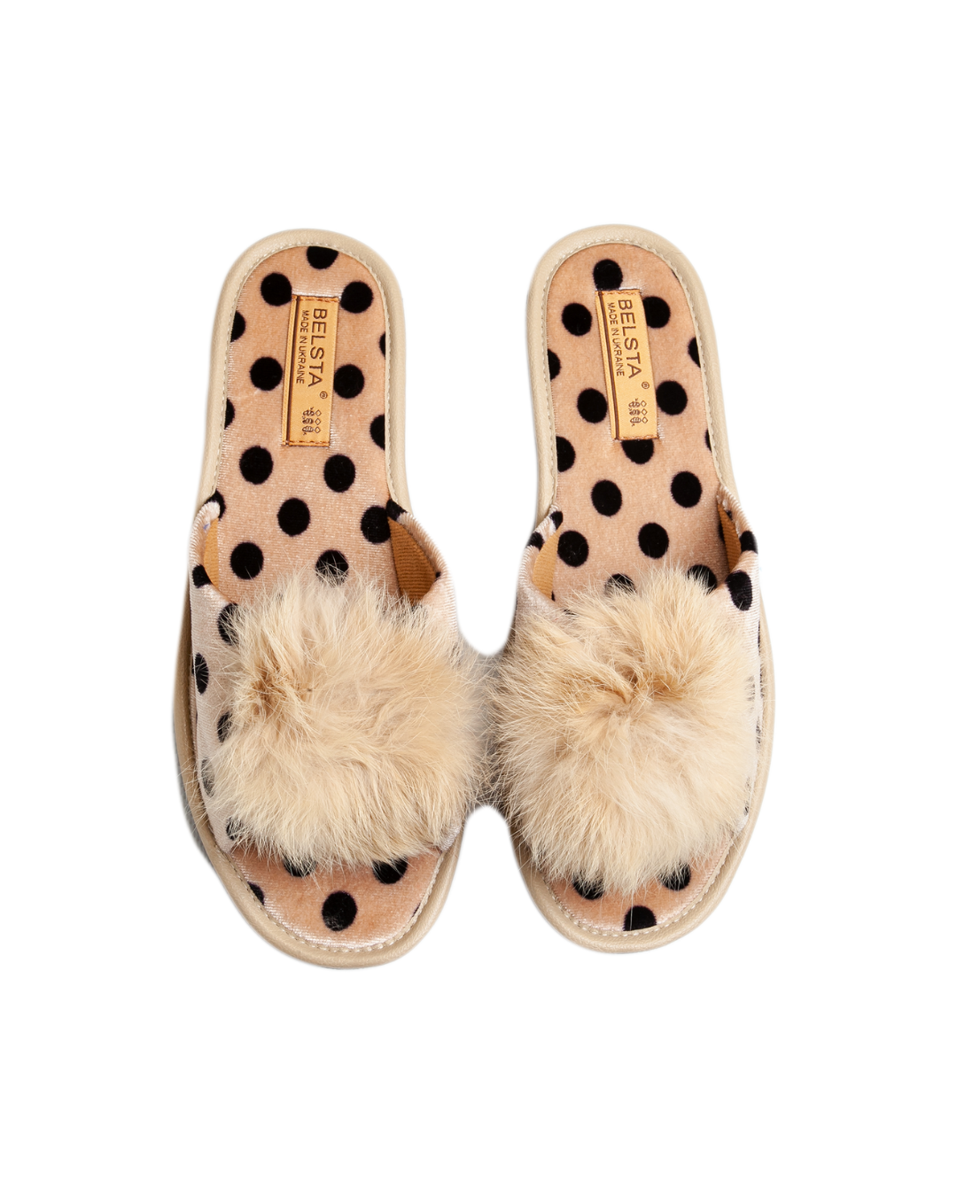 Papuci de damă bej cu imprimeu buline și blăniță decorativă