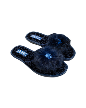 Papuci de damă bej cu imprimeu buline și blăniță decorativă