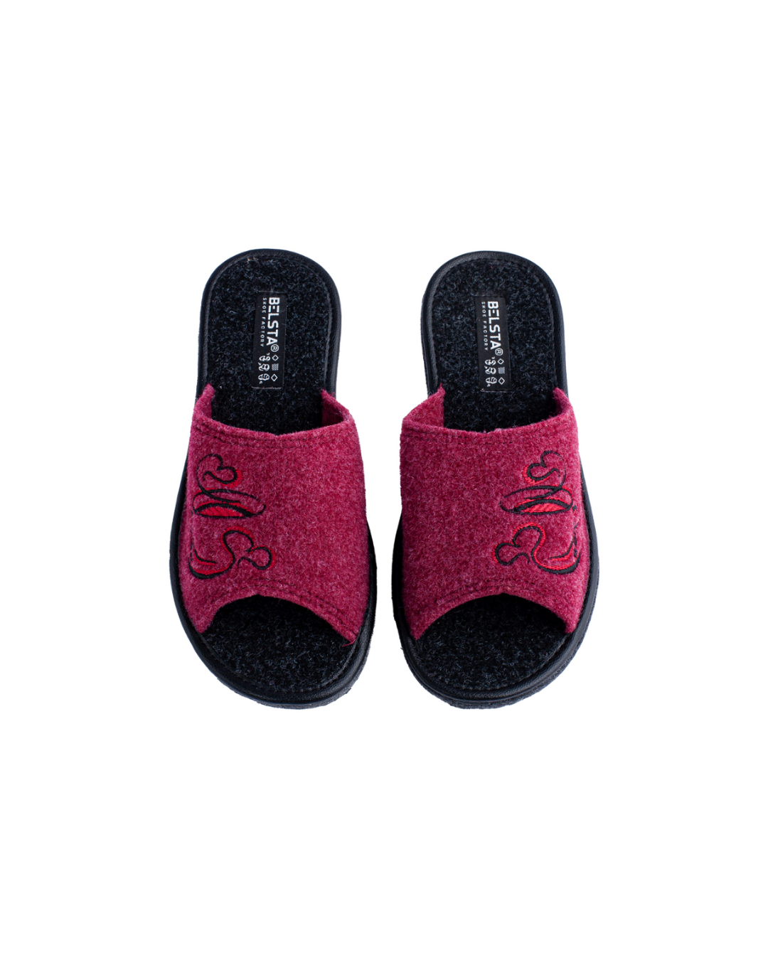 Papuci de damă deschiși din pâslă bordo cu broderie „Ceașca de cafea”